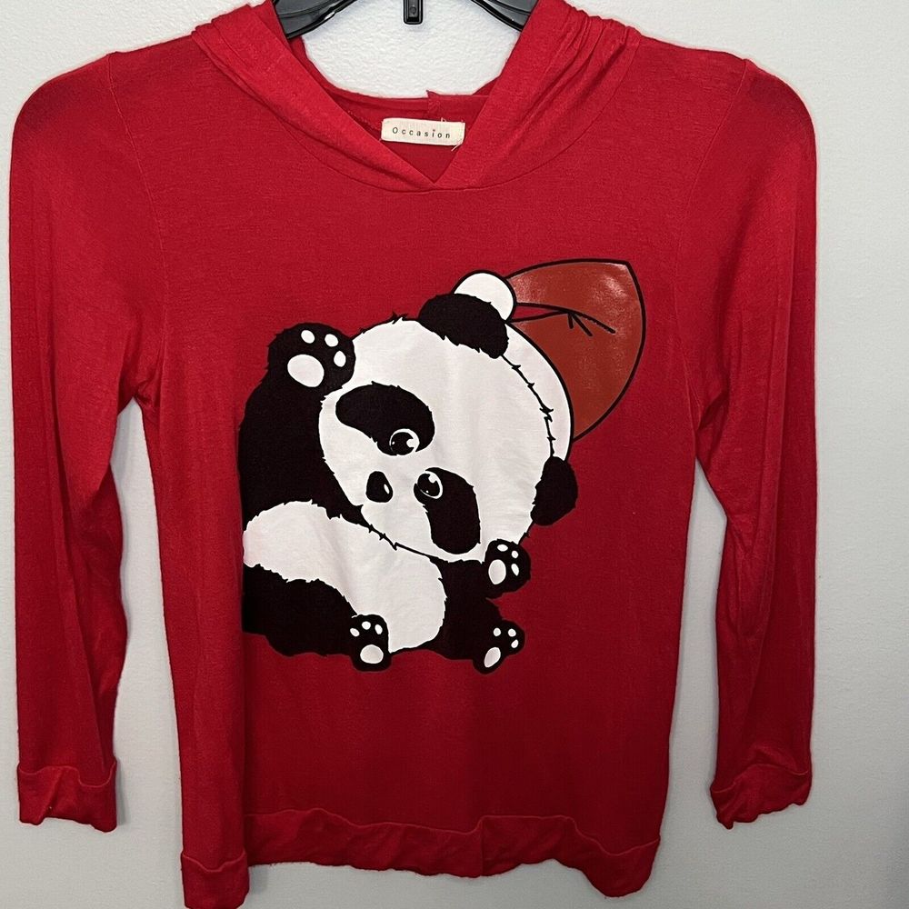 Panda Christmas Long Sleeve Girls Shirt With Hood Red Sz Large Stretchy Occasion